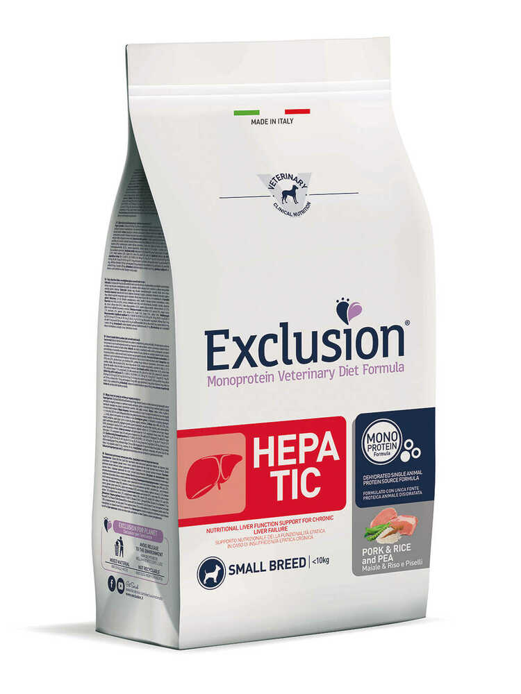 Karma dla psa Exclusion Hepatic małe rasy wieprzowina ryż i groszek 2kg 1