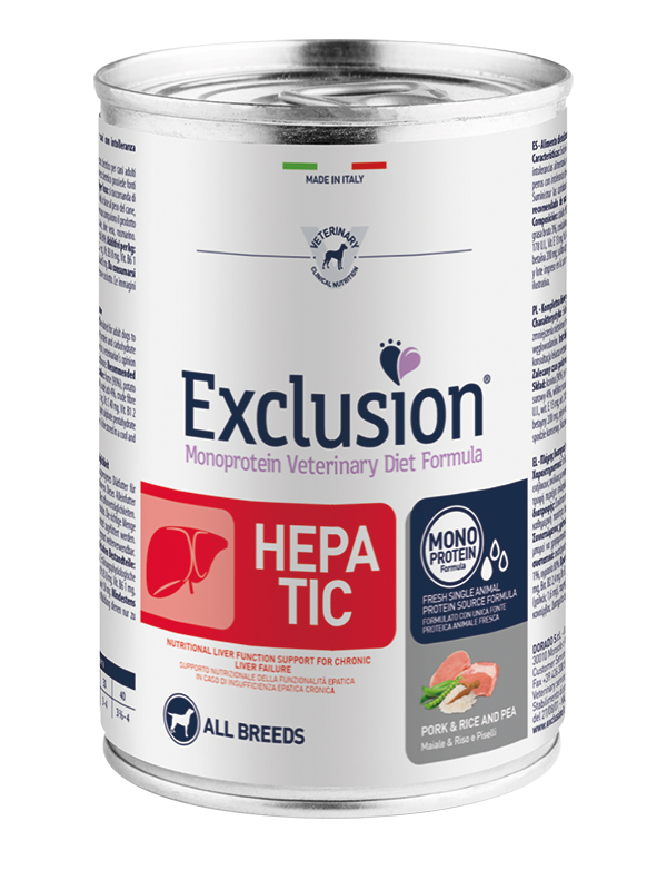 Mokra karma dla psa Exclusion Hepatic dorosłe psy wieprzowina ryż i groszek 400g 1