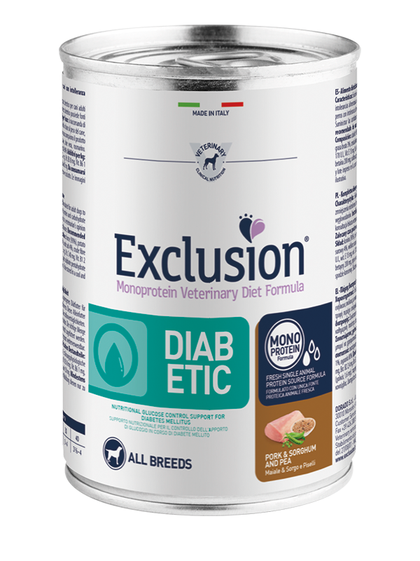 Mokra karma dla psa Exclusion Diabetic dorosłe psy wieprzowina sorgo i groszek 400g 1
