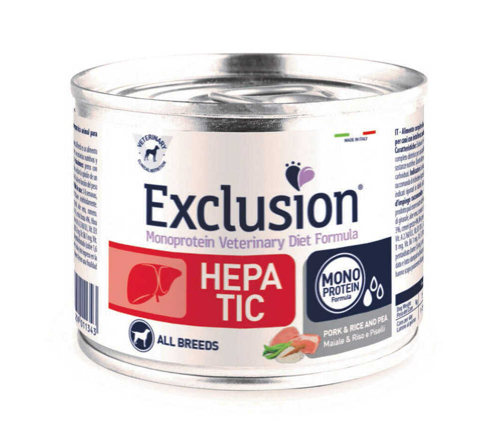 Mokra karma dla psa Exclusion Hepatic dorosłe psy wieprzowina ryż i groszek 200g 1