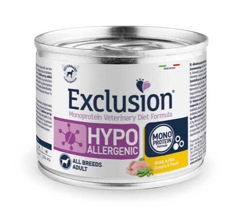 Mokra karma dla psa Exclusion Hypoallergenic dorosłe psy przepiórka i groszek 200g 1