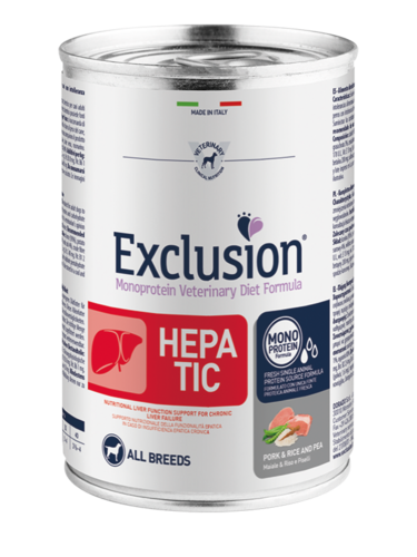 Mokra karma dla psa Exclusion Hepatic dorosłe psy wieprzowina ryż i groszek 400g 1