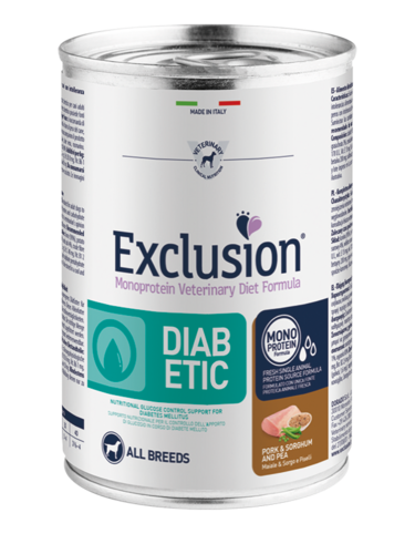 Mokra karma dla psa Exclusion Diabetic dorosłe psy wieprzowina sorgo i groszek 400g 1