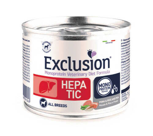 Mokra karma dla psa Exclusion Hepatic dorosłe psy wieprzowina ryż i groszek 200g 1