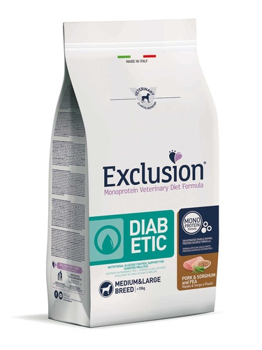Karma dla psa Exclusion Diabetic średnie/duże rasy psów wieprzowina i sorgo z groszkiem 12kg 1